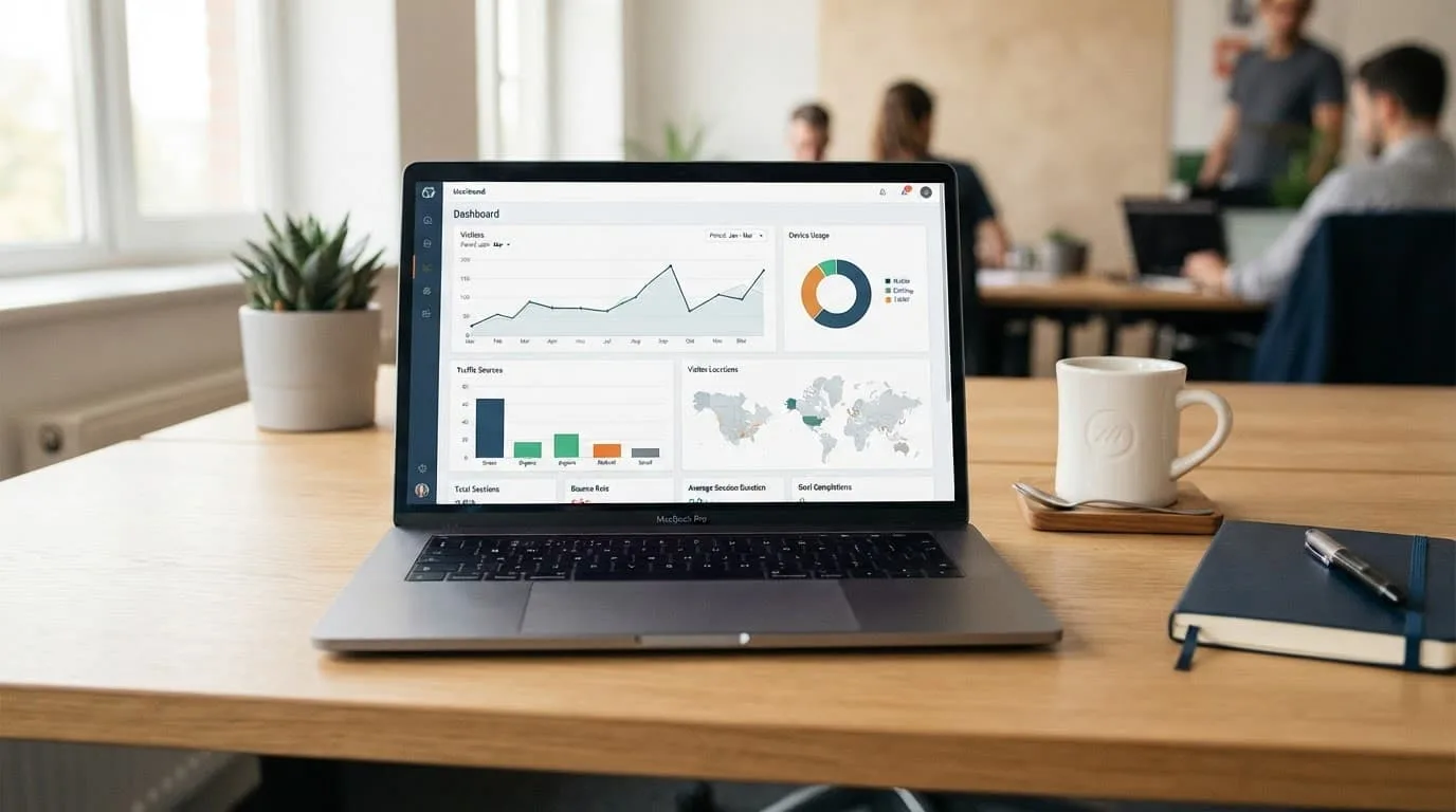 中小企業的 AEO GEO SEO 成效追蹤:用數據建立可執行的營運流程 筆記型電腦顯示網站分析圖表,桌上放著筆記本與咖啡杯。
